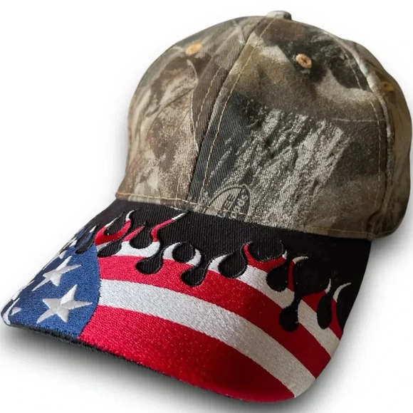 Realtree Camouflage Embroidered Flames Hat Patriotic American Flag USA Fire Hat - Picture 2 of 8